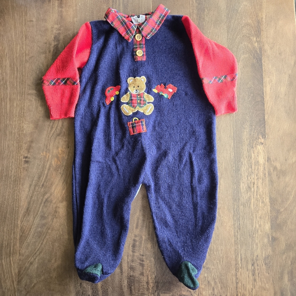 Vintage Lovespun 90s Christmas Teddy Bear Train Present Romper Baby 6-9 Month